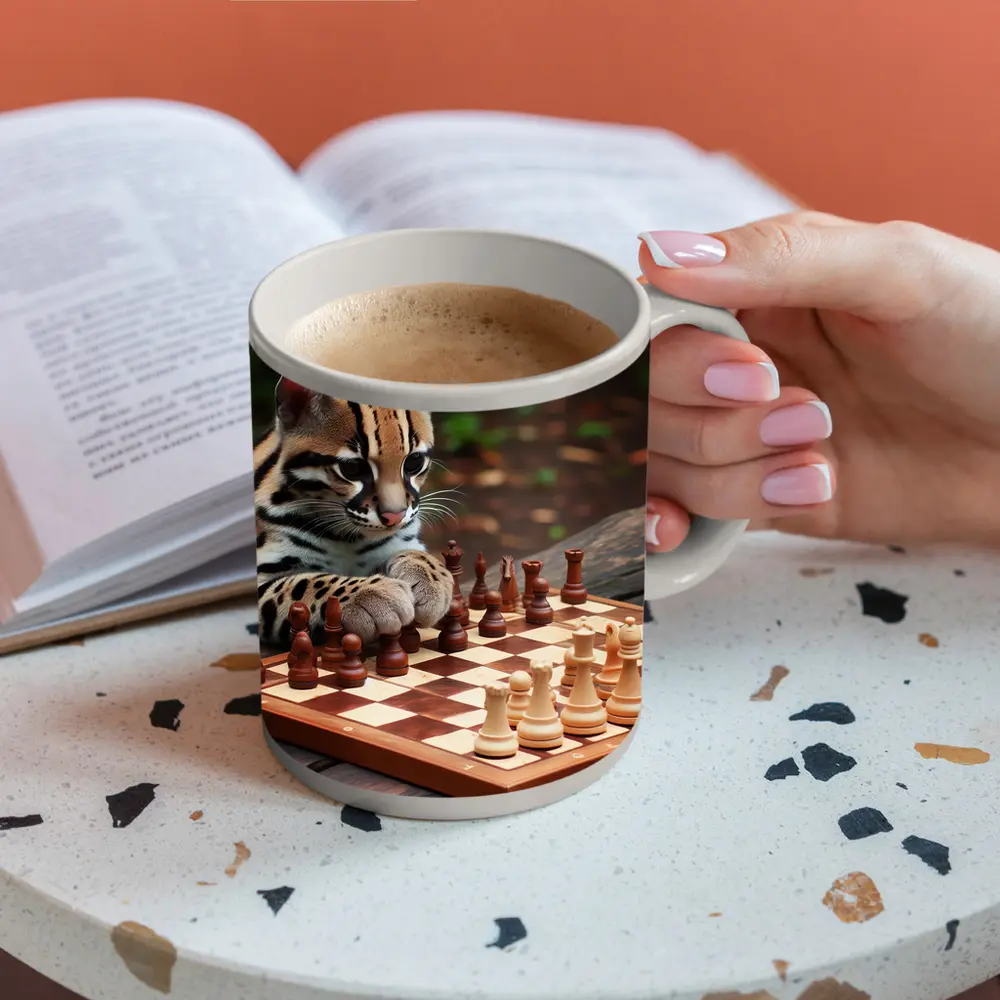 Ocelot Playing Chess on Wooden Table – Mugs