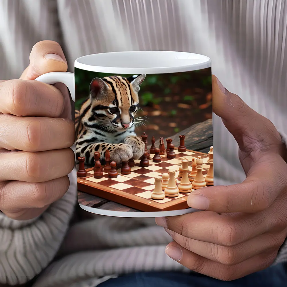 Ocelot Playing Chess on Wooden Table – Mugs