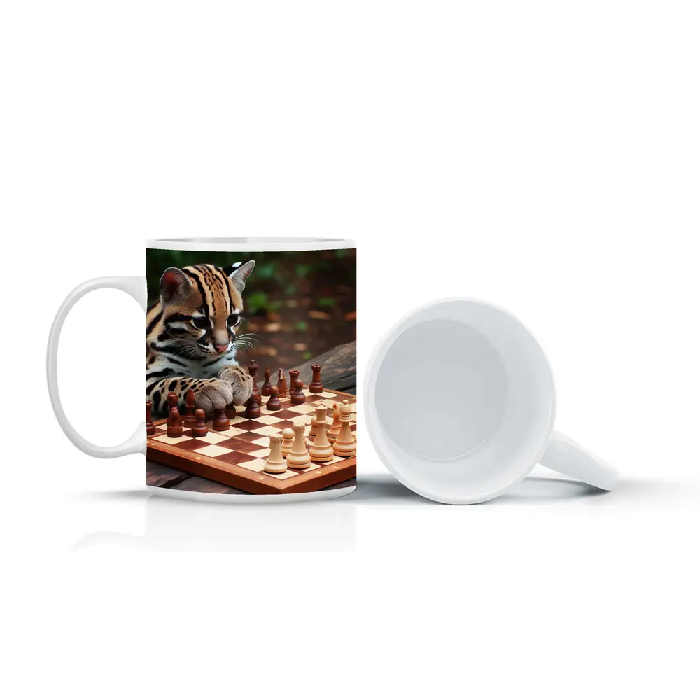 Ocelot Playing Chess on Wooden Table – Mugs