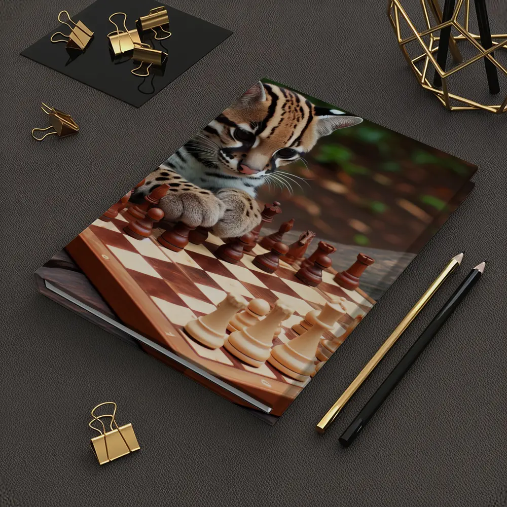 Ocelot Playing Chess on Wooden Table – Notebooks