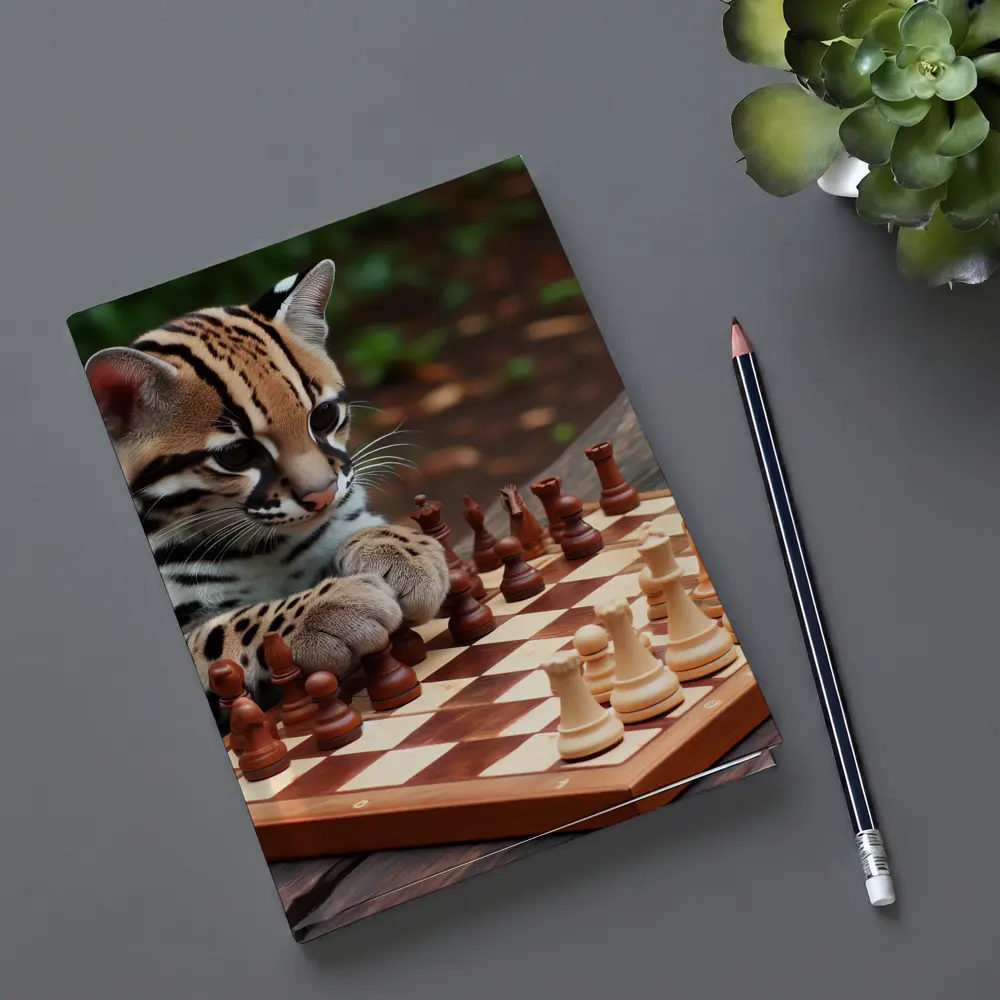 Ocelot Playing Chess on Wooden Table – Notebooks