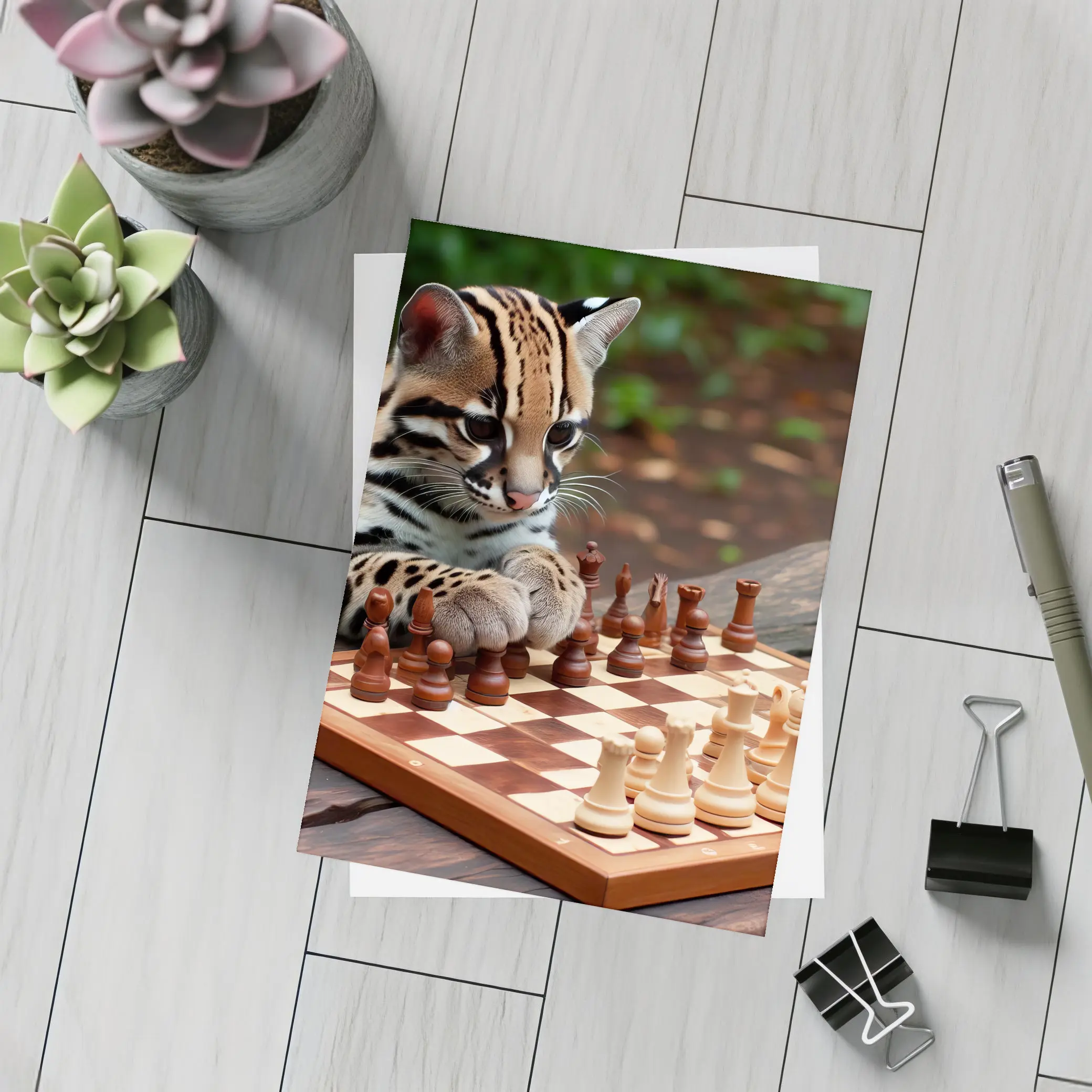 Ocelot Playing Chess on Wooden Table – Postcards