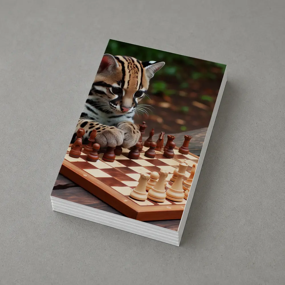 Ocelot Playing Chess on Wooden Table – Postcards