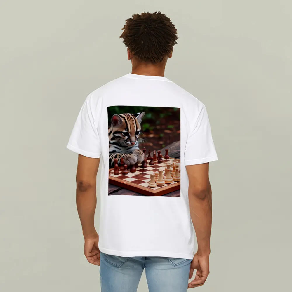 Ocelot Playing Chess on Wooden Table – T-Shirts
