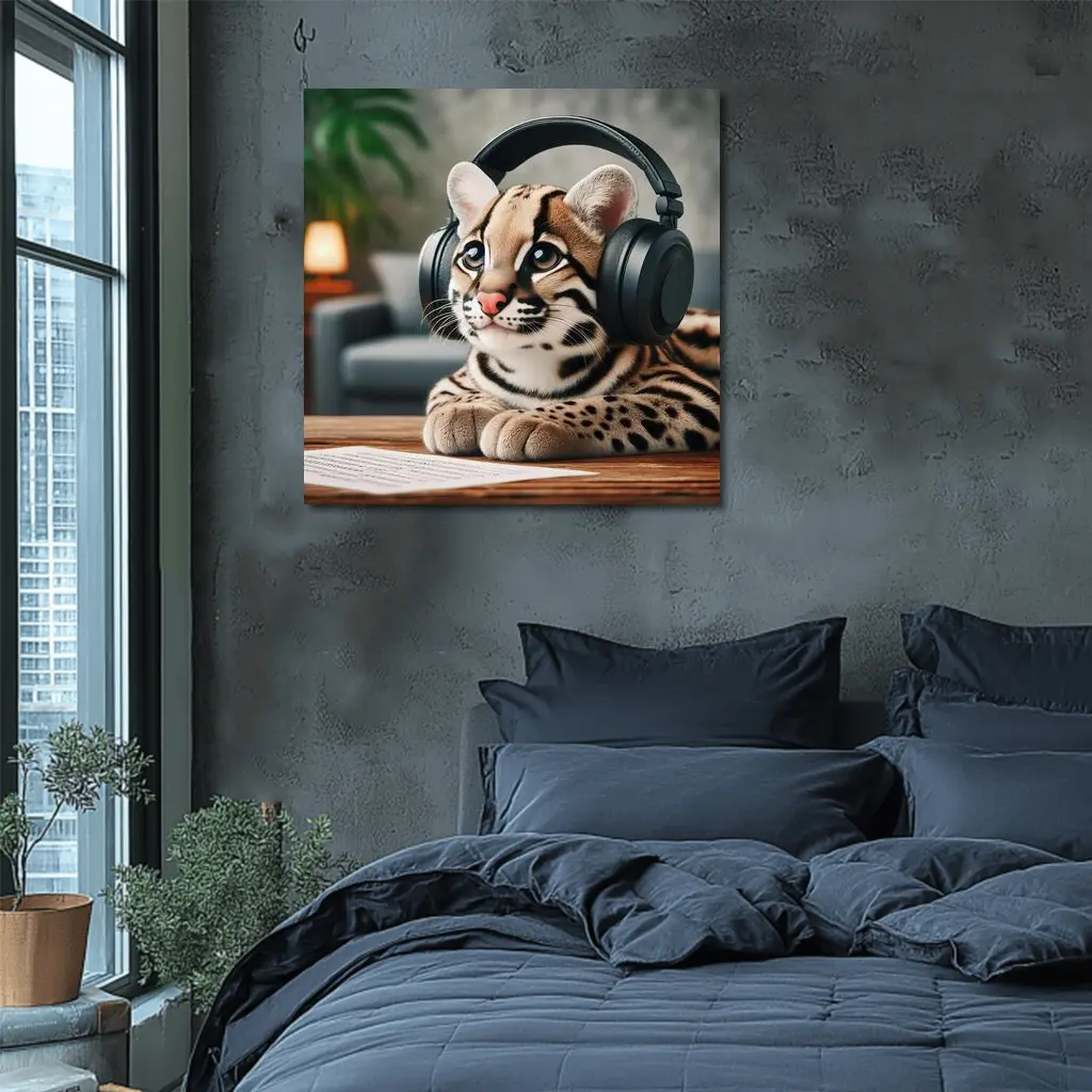 Baby Ocelot Wearing Headphones Indoor Setting – Wall Art