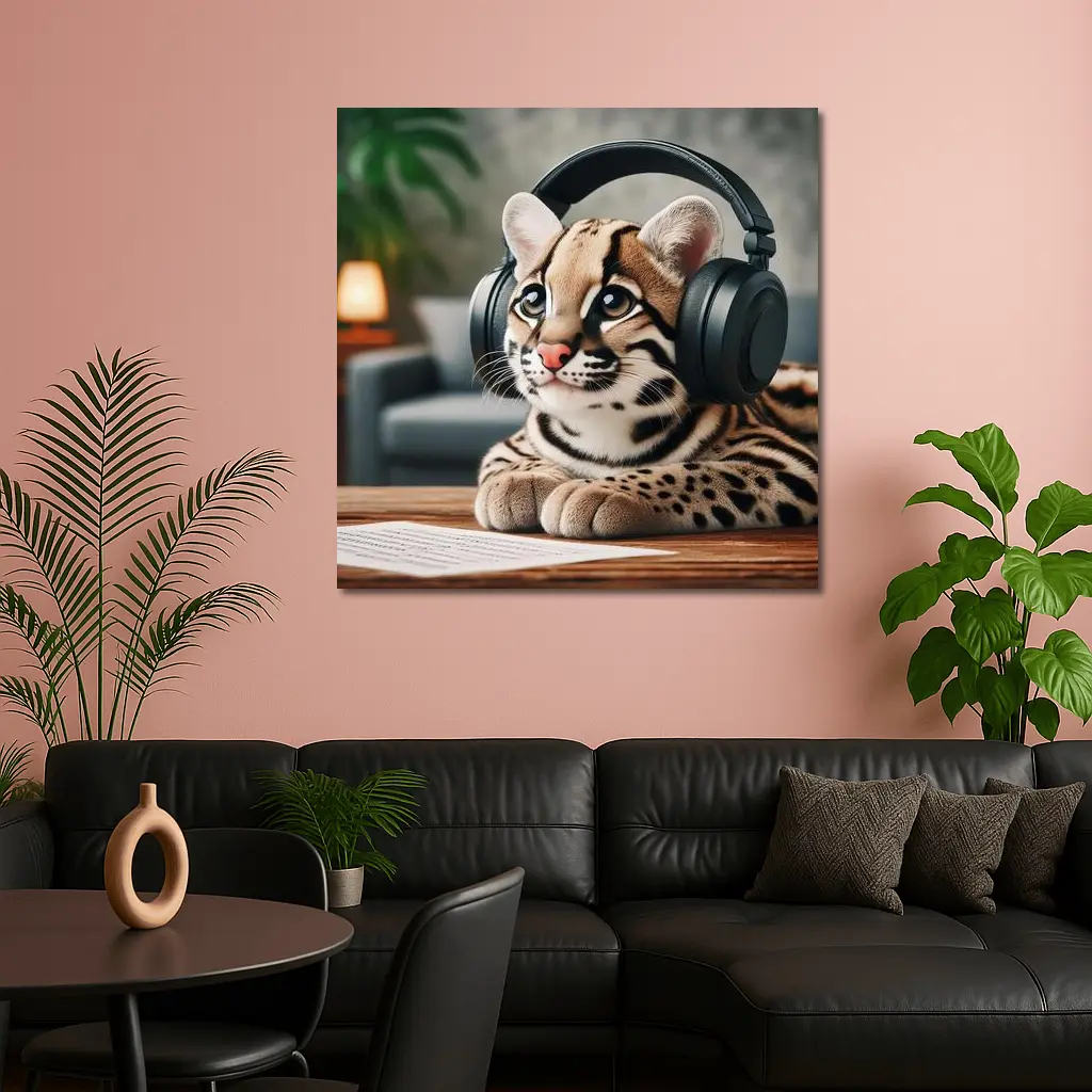 Baby Ocelot Wearing Headphones Indoor Setting – Wall Art