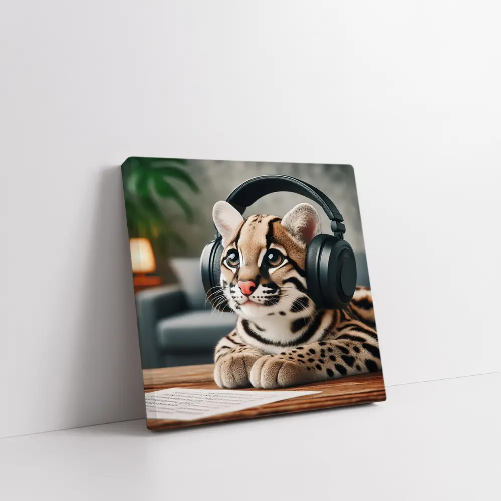 Baby Ocelot Wearing Headphones Indoor Setting – Wall Art