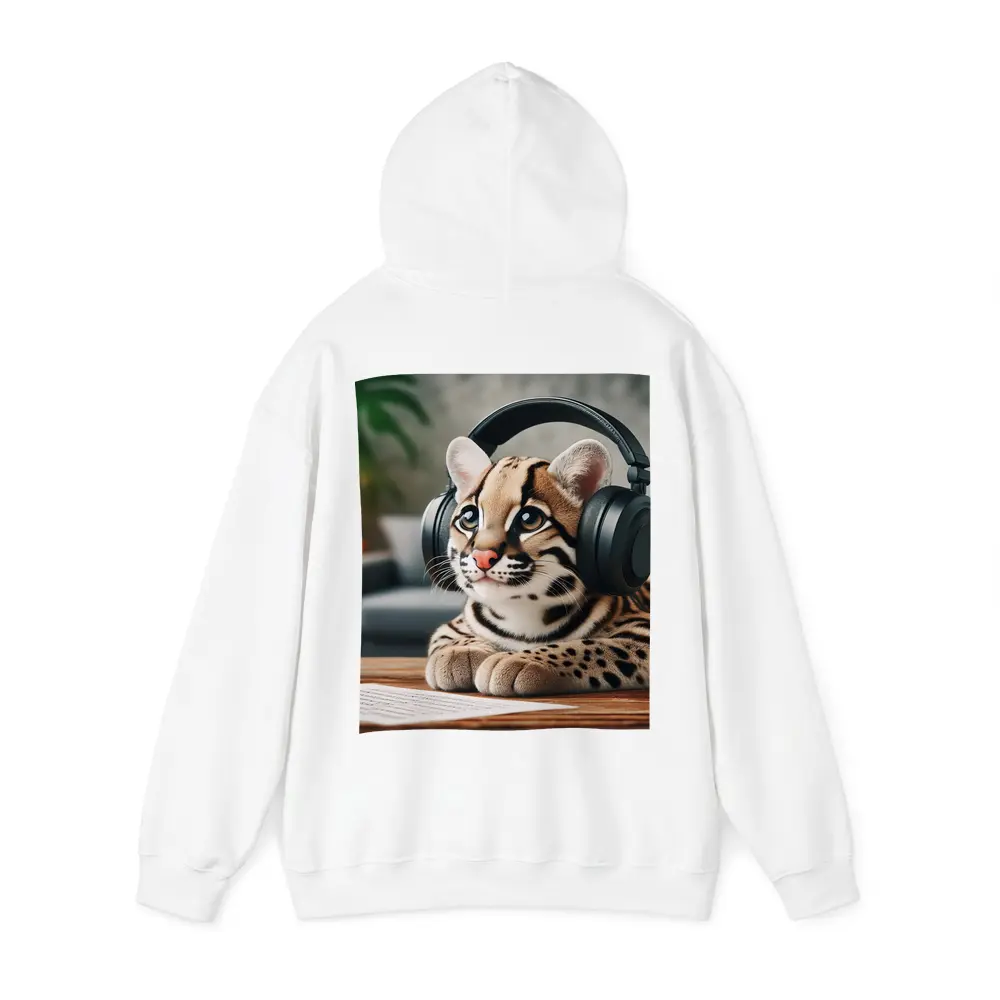 Baby Ocelot Wearing Headphones Indoor Setting – Hoodies