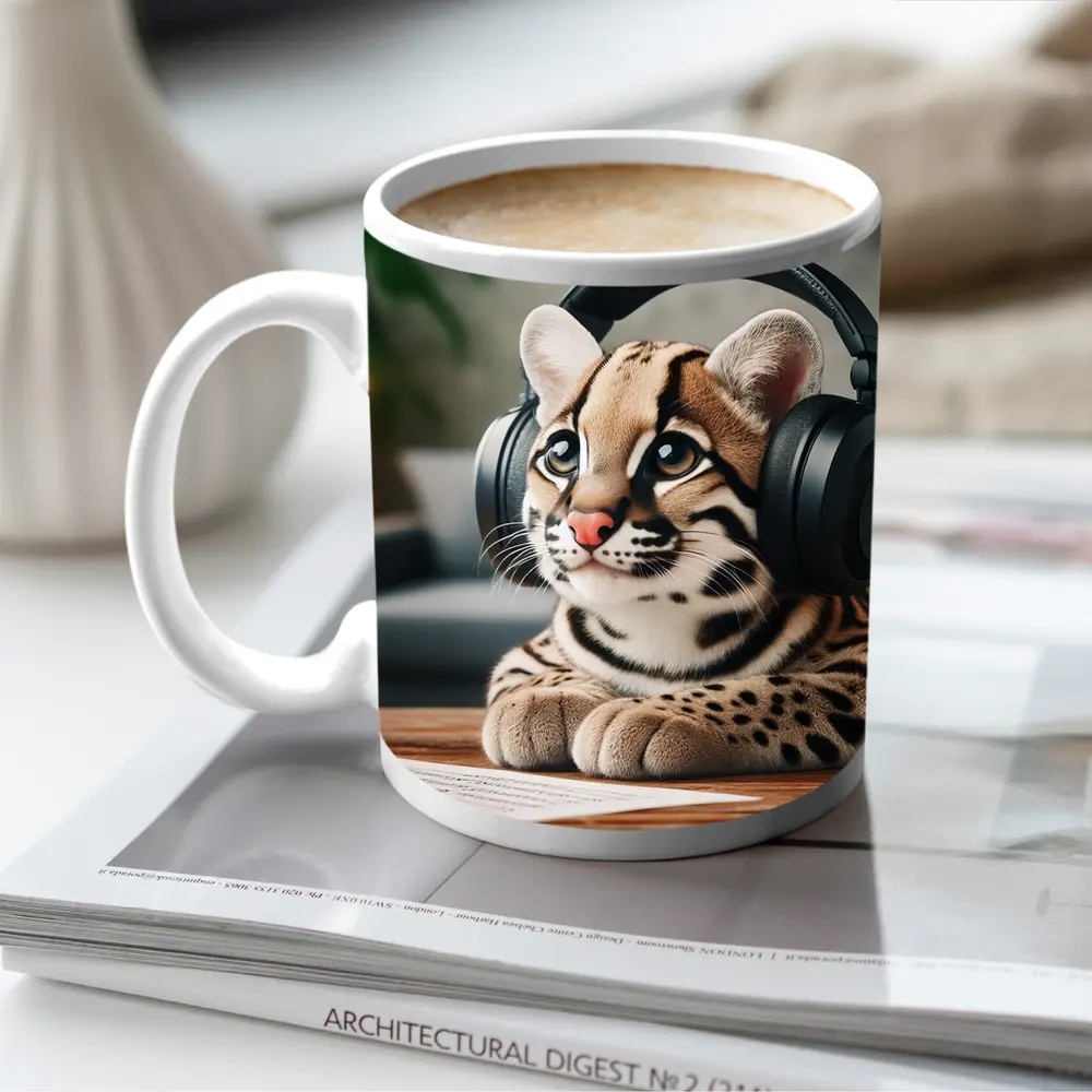 Baby Ocelot Wearing Headphones Indoor Setting – Mugs