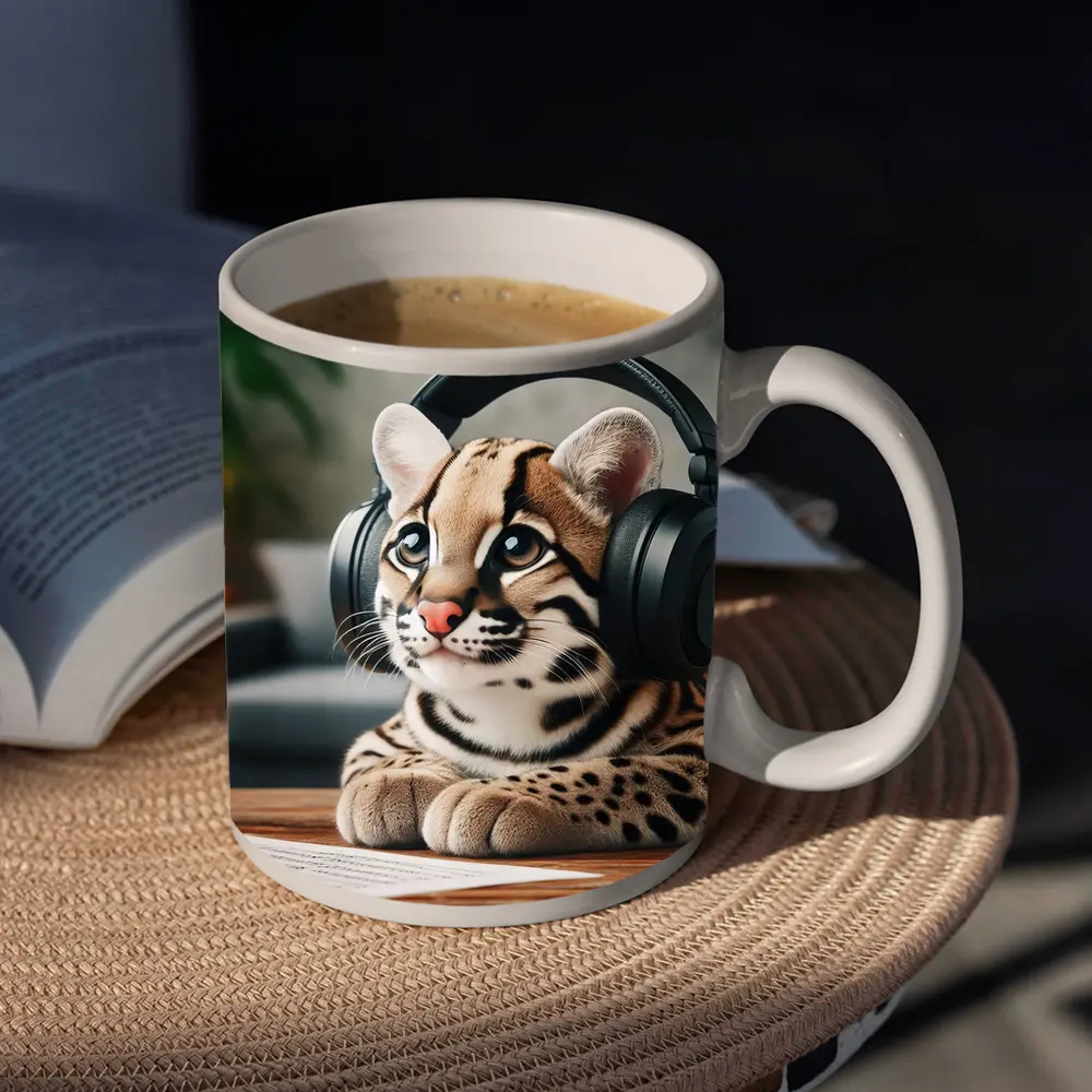Baby Ocelot Wearing Headphones Indoor Setting – Mugs