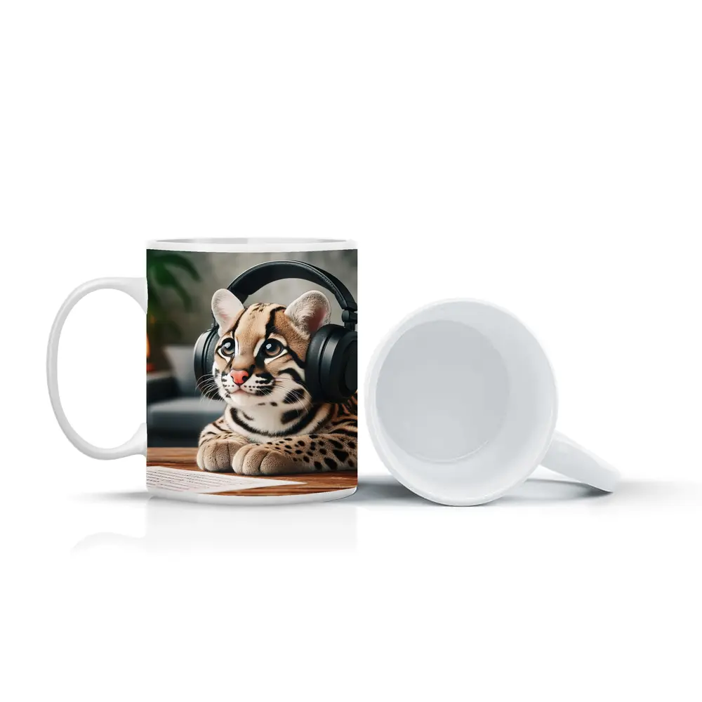Baby Ocelot Wearing Headphones Indoor Setting – Mugs