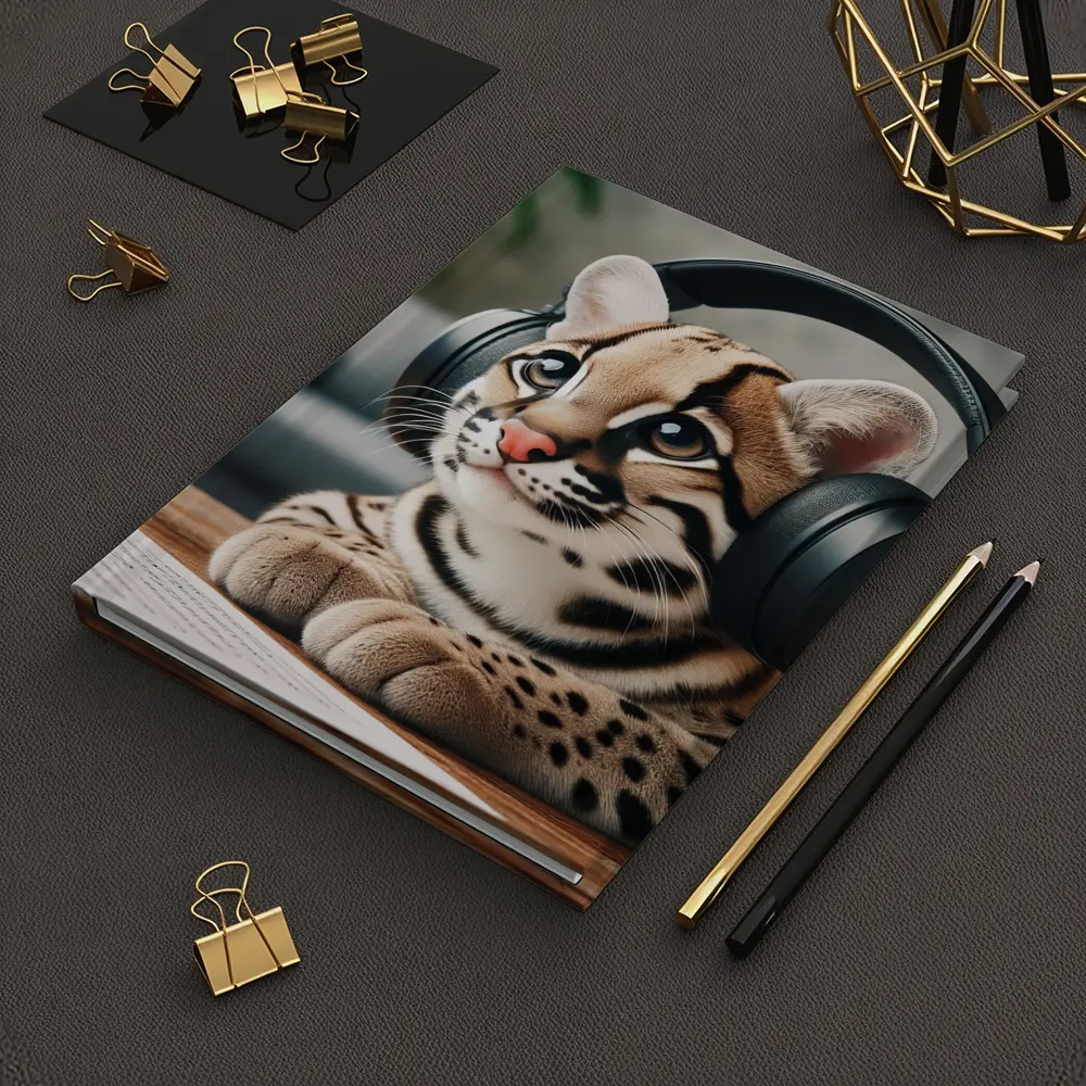 Baby Ocelot Wearing Headphones Indoor Setting – Notebooks
