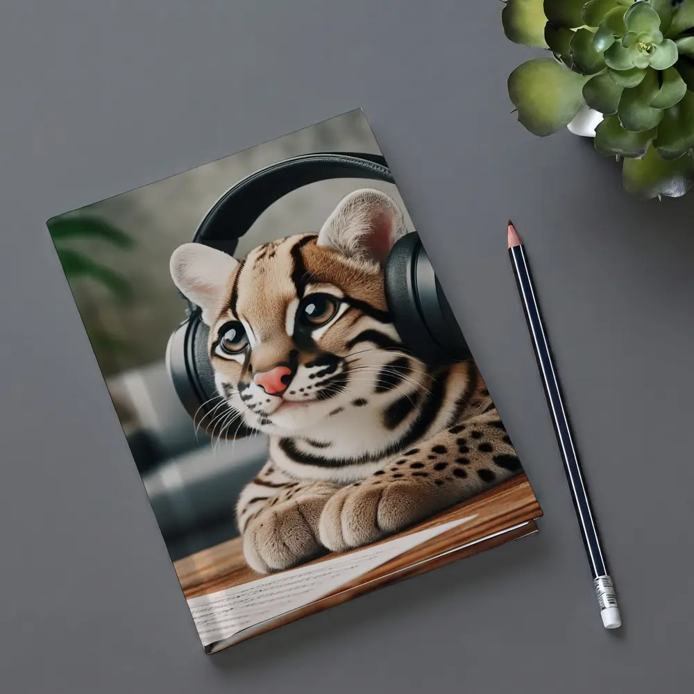 Baby Ocelot Wearing Headphones Indoor Setting – Notebooks