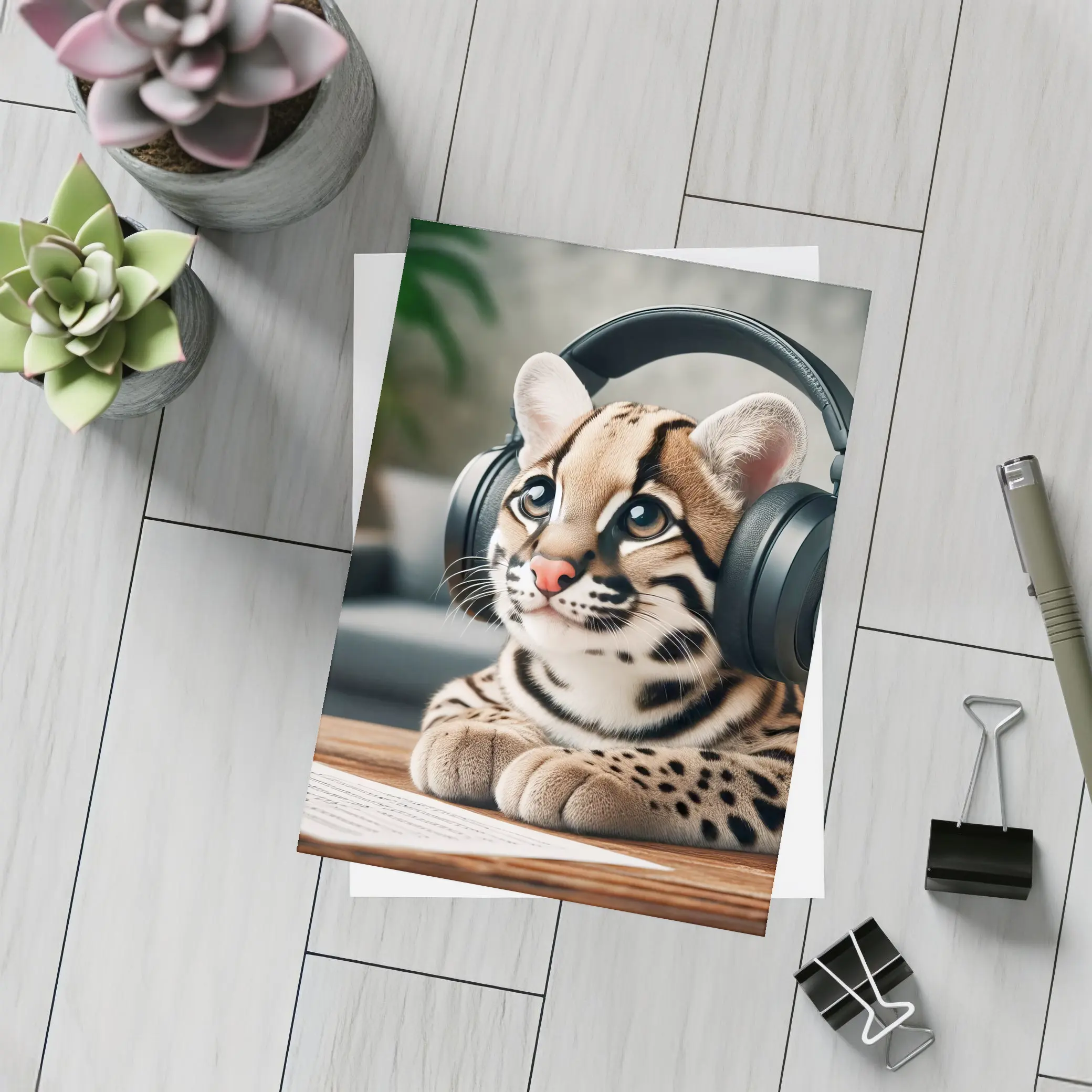 Baby Ocelot Wearing Headphones Indoor Setting – Postcards