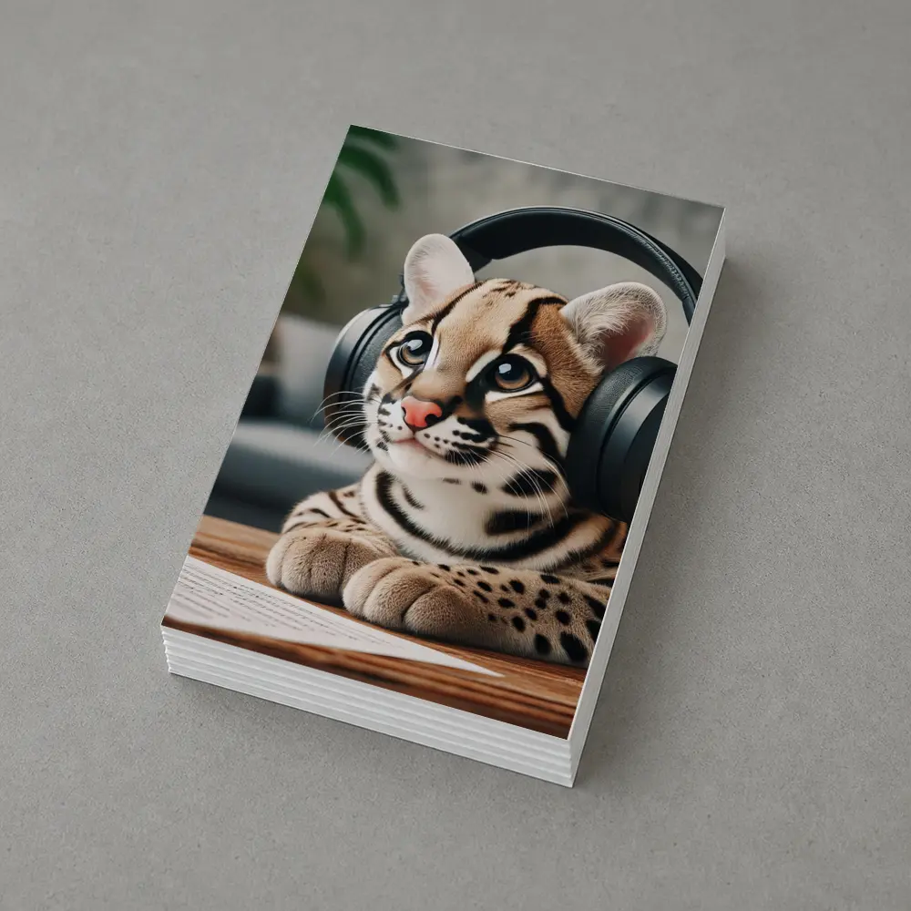 Baby Ocelot Wearing Headphones Indoor Setting – Postcards