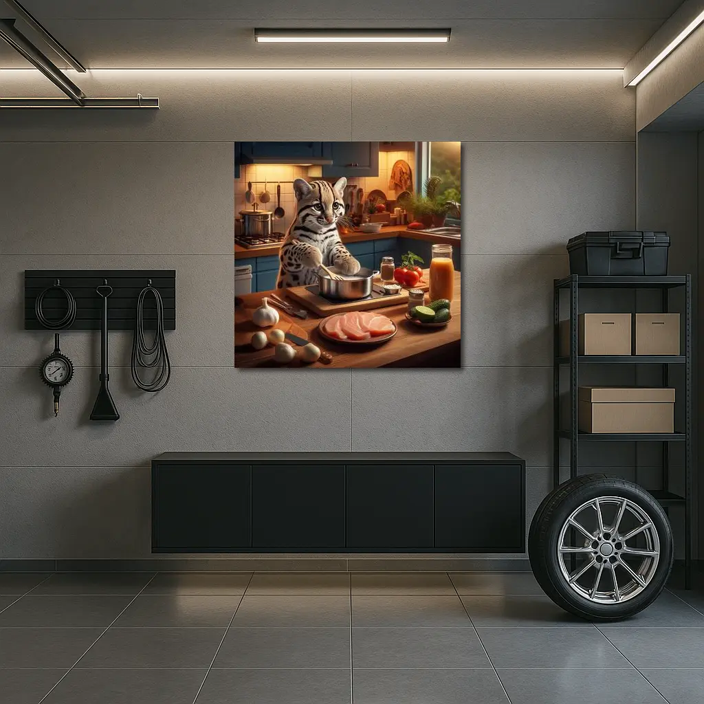 Ocelot Cooking In Cozy Kitchen Scene – Wall Art