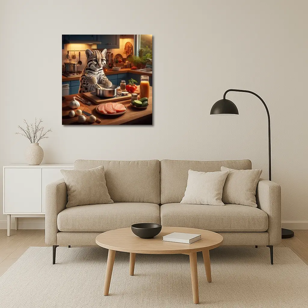 Ocelot Cooking In Cozy Kitchen Scene – Wall Art