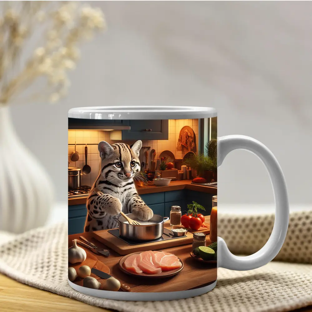 Ocelot Cooking In Cozy Kitchen Scene – Mugs