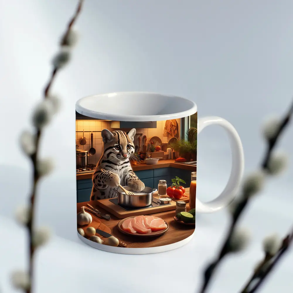 Ocelot Cooking In Cozy Kitchen Scene – Mugs