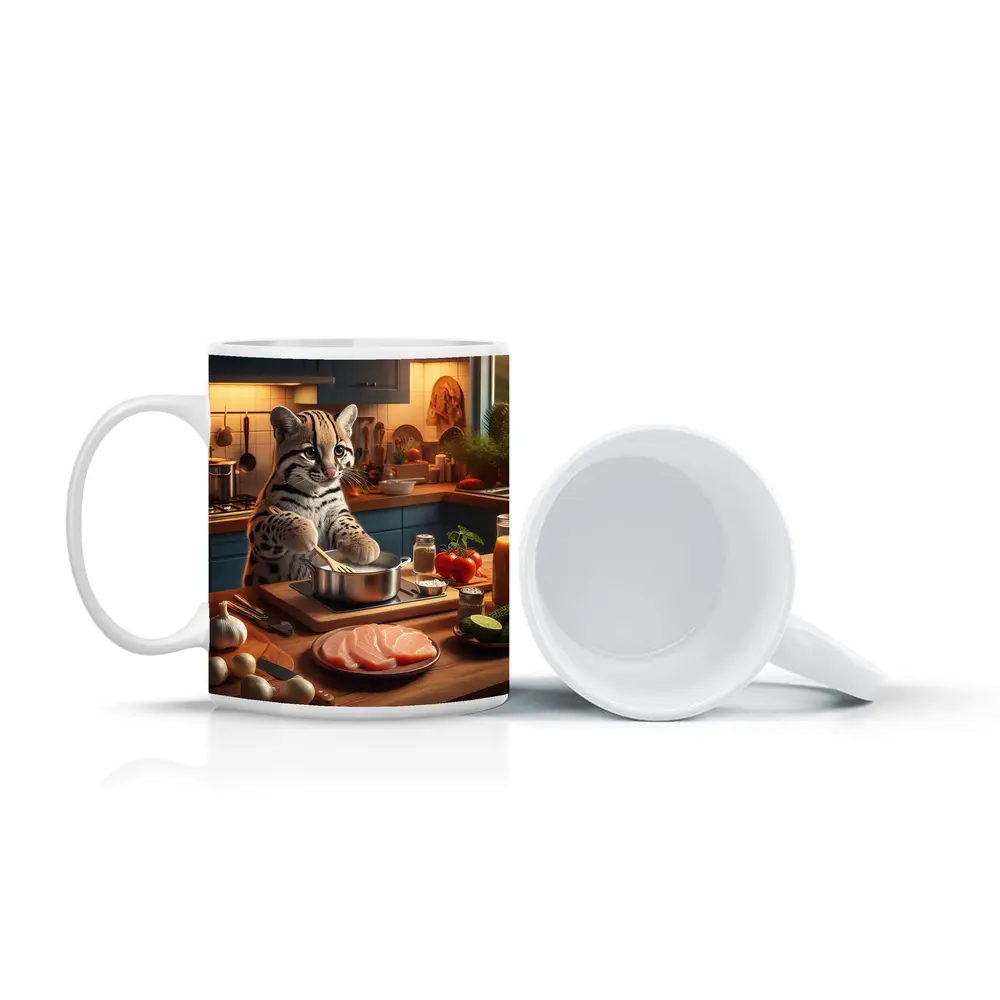 Ocelot Cooking In Cozy Kitchen Scene – Mugs