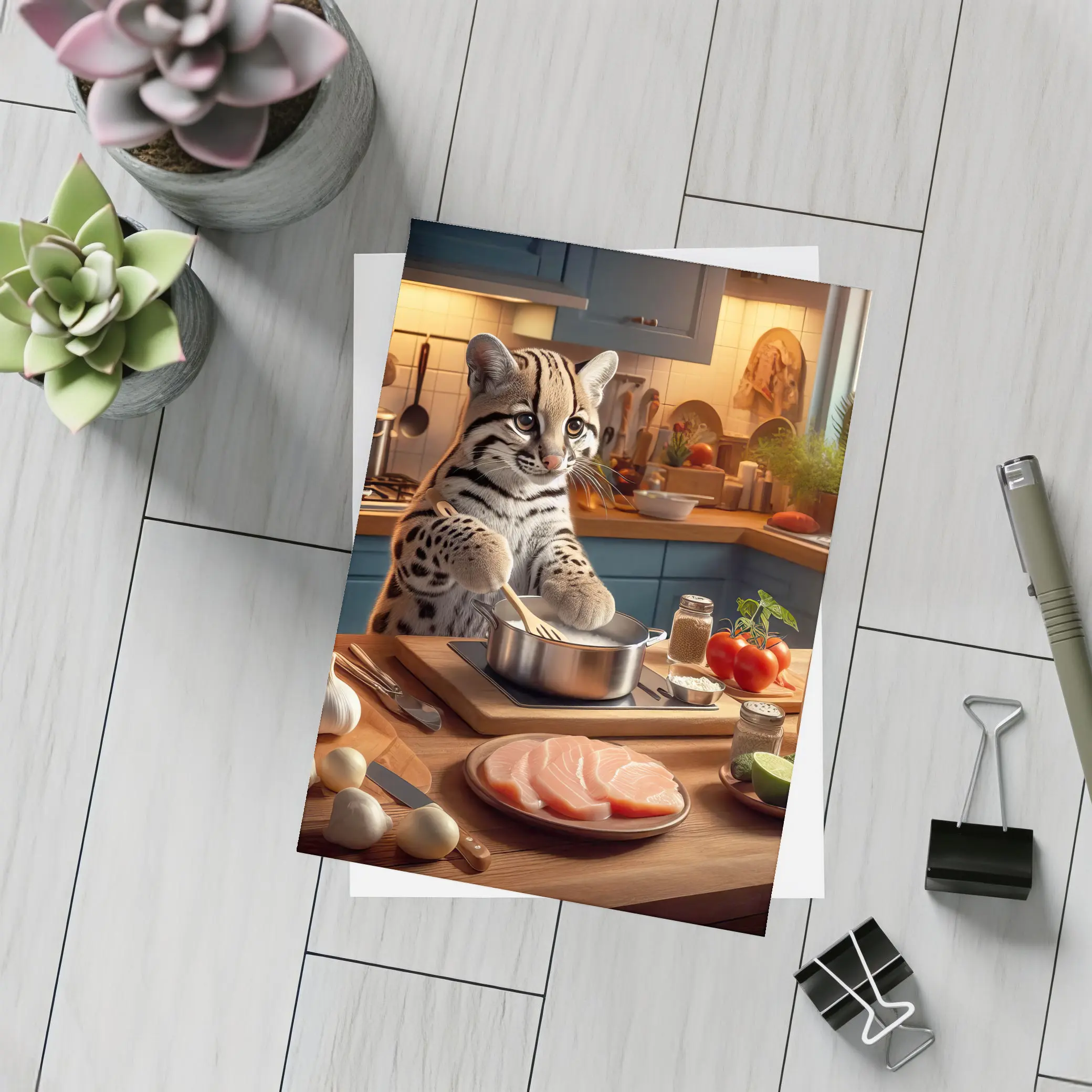 Ocelot Cooking In Cozy Kitchen Scene – Postcards
