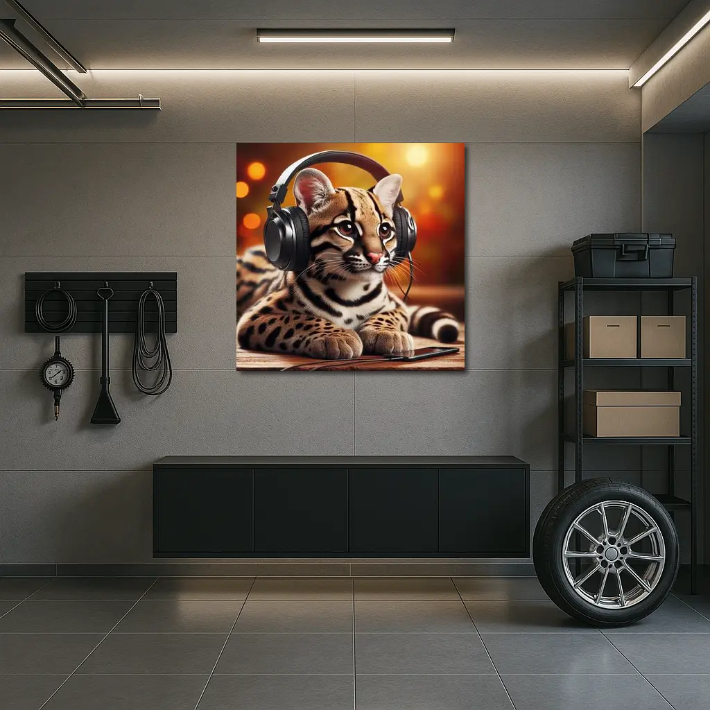 Baby Ocelot Wearing Headphones Warm Bokeh – Wall Art