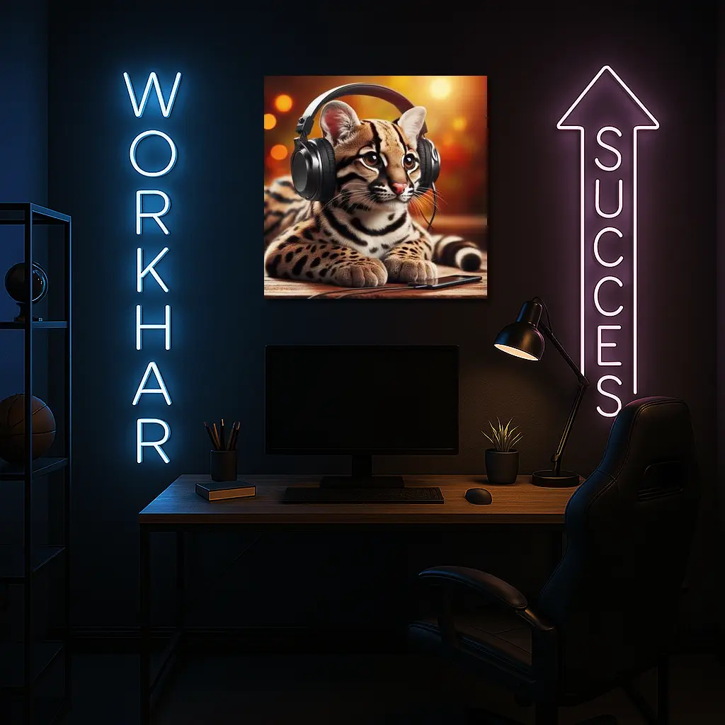 Baby Ocelot Wearing Headphones Warm Bokeh – Wall Art