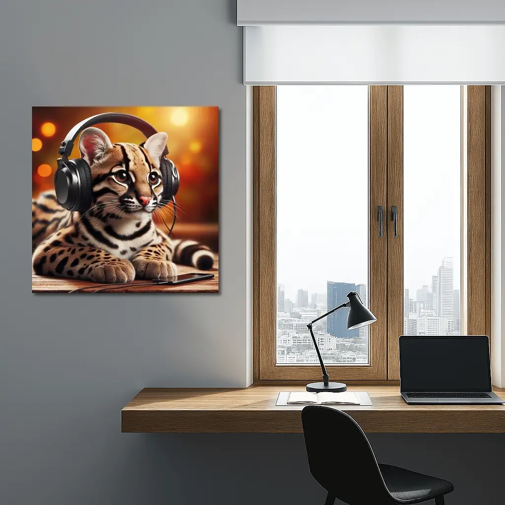 Baby Ocelot Wearing Headphones Warm Bokeh – Wall Art