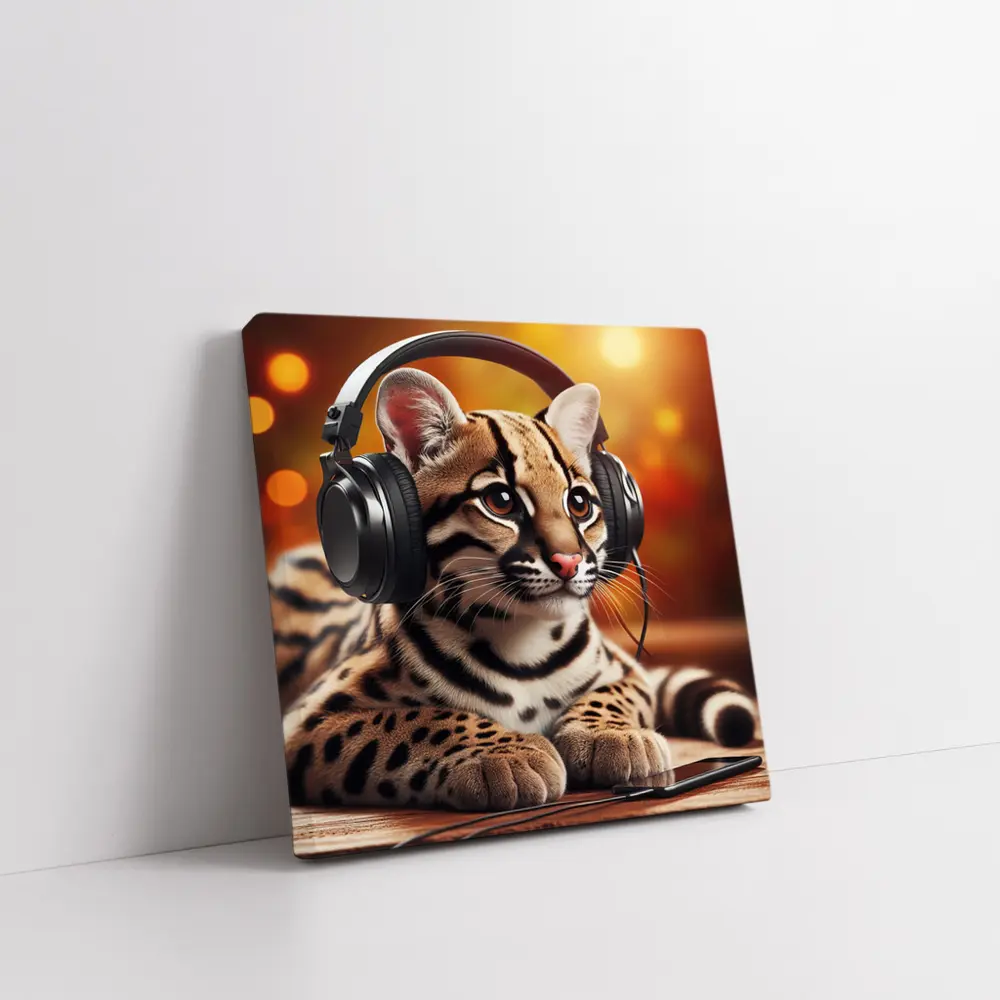Baby Ocelot Wearing Headphones Warm Bokeh – Wall Art