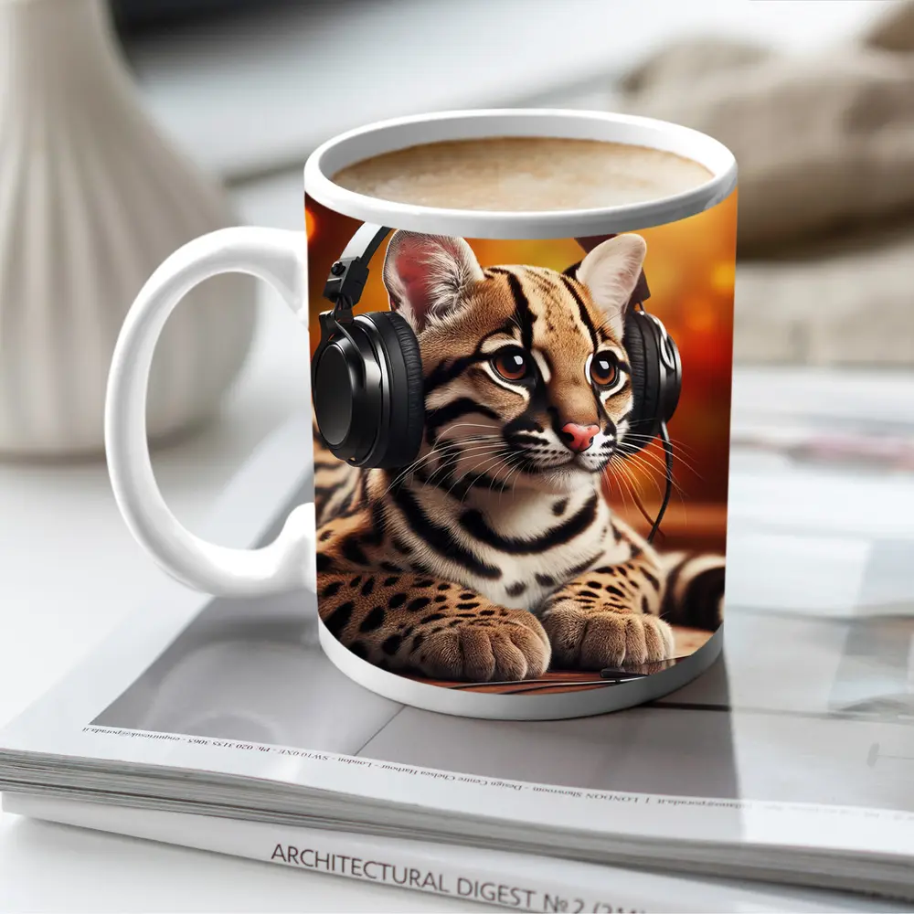 Baby Ocelot Wearing Headphones Warm Bokeh – Mugs