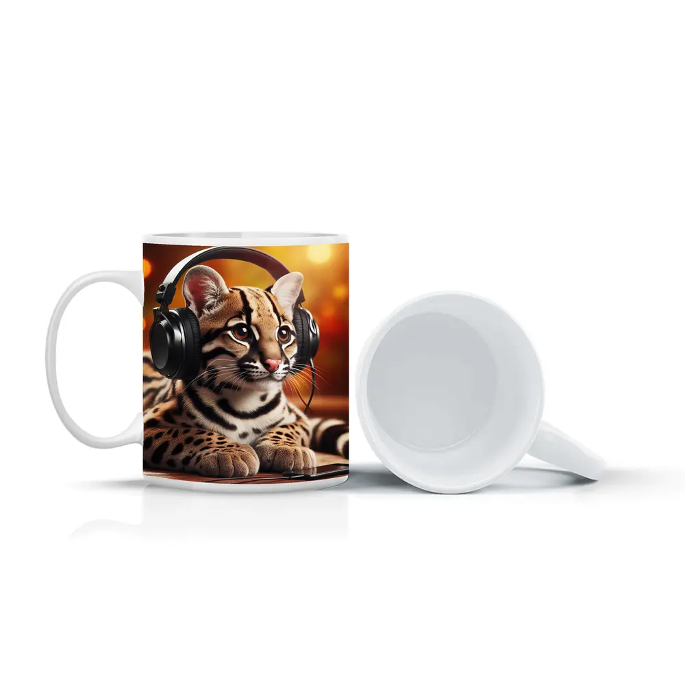 Baby Ocelot Wearing Headphones Warm Bokeh – Mugs