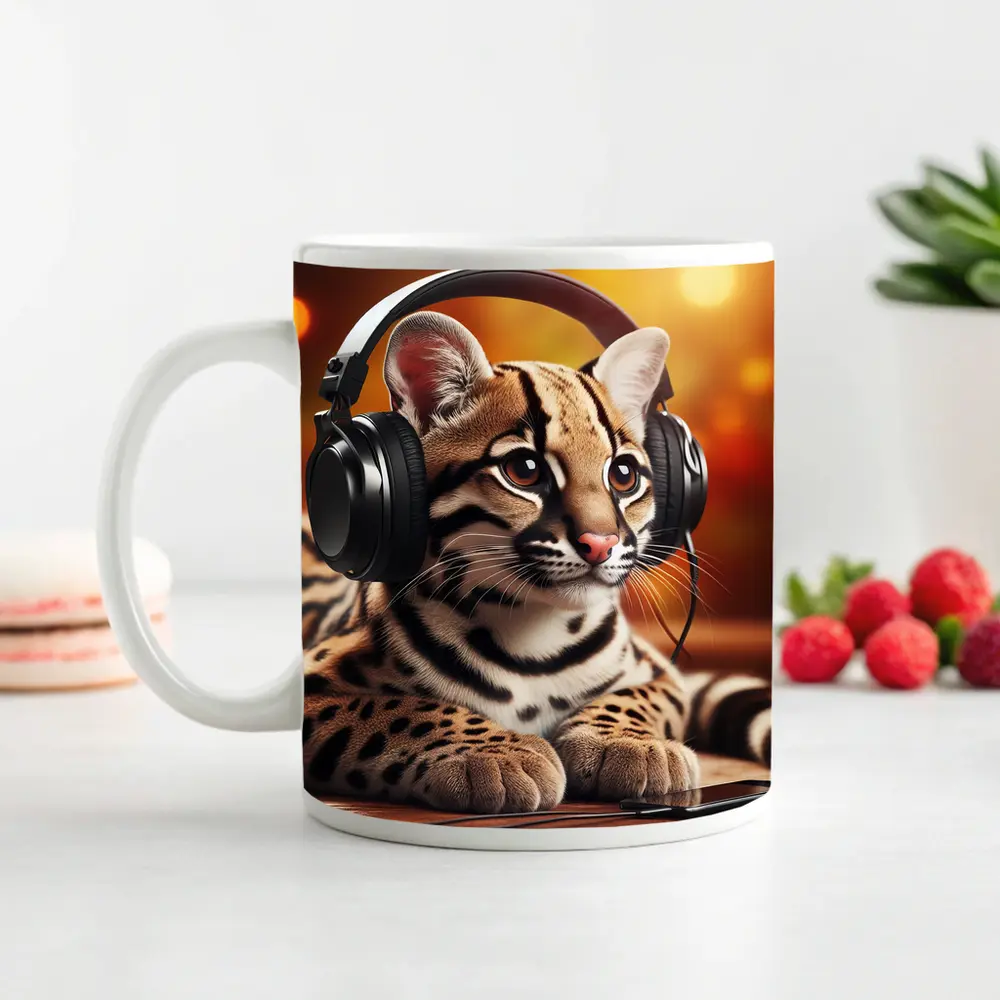 Baby Ocelot Wearing Headphones Warm Bokeh – Mugs
