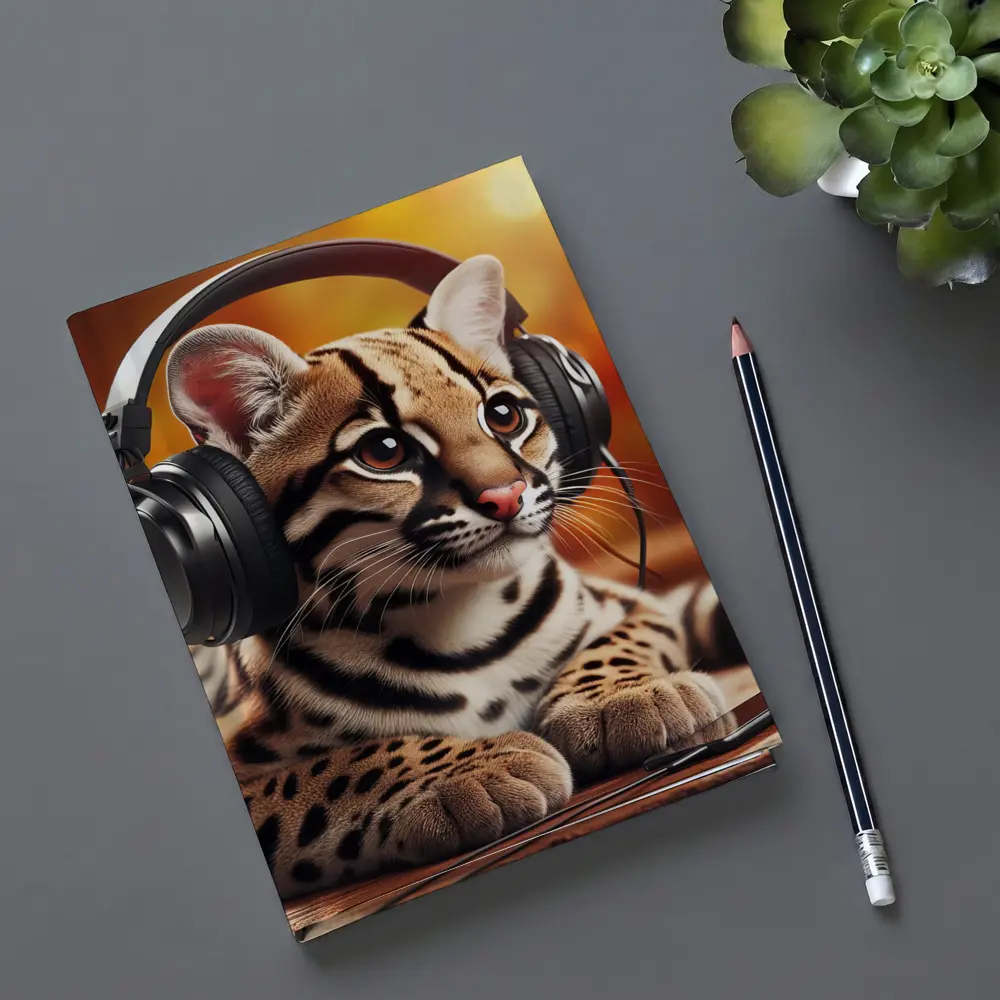 Baby Ocelot Wearing Headphones Warm Bokeh – Notebooks