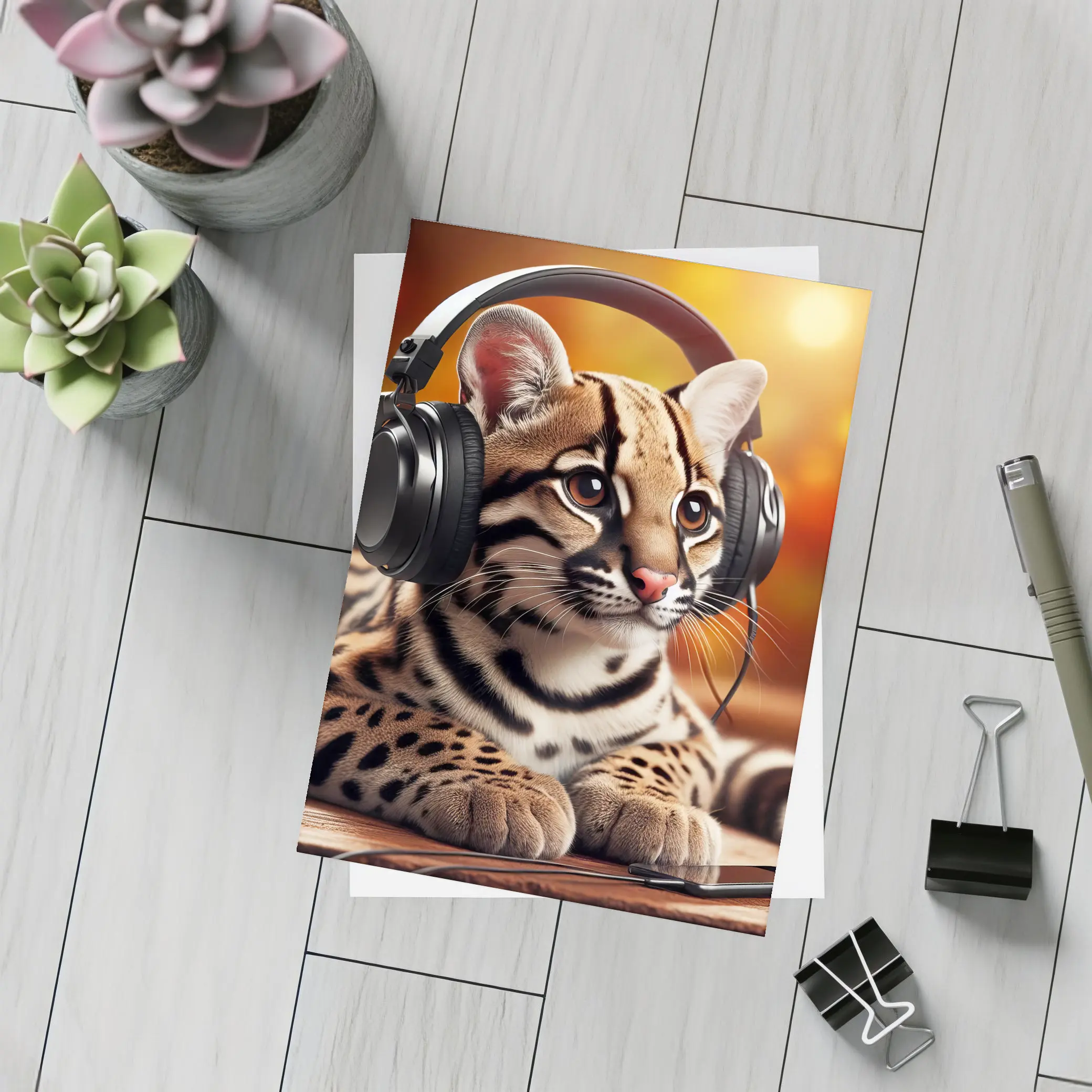 Baby Ocelot Wearing Headphones Warm Bokeh – Postcards