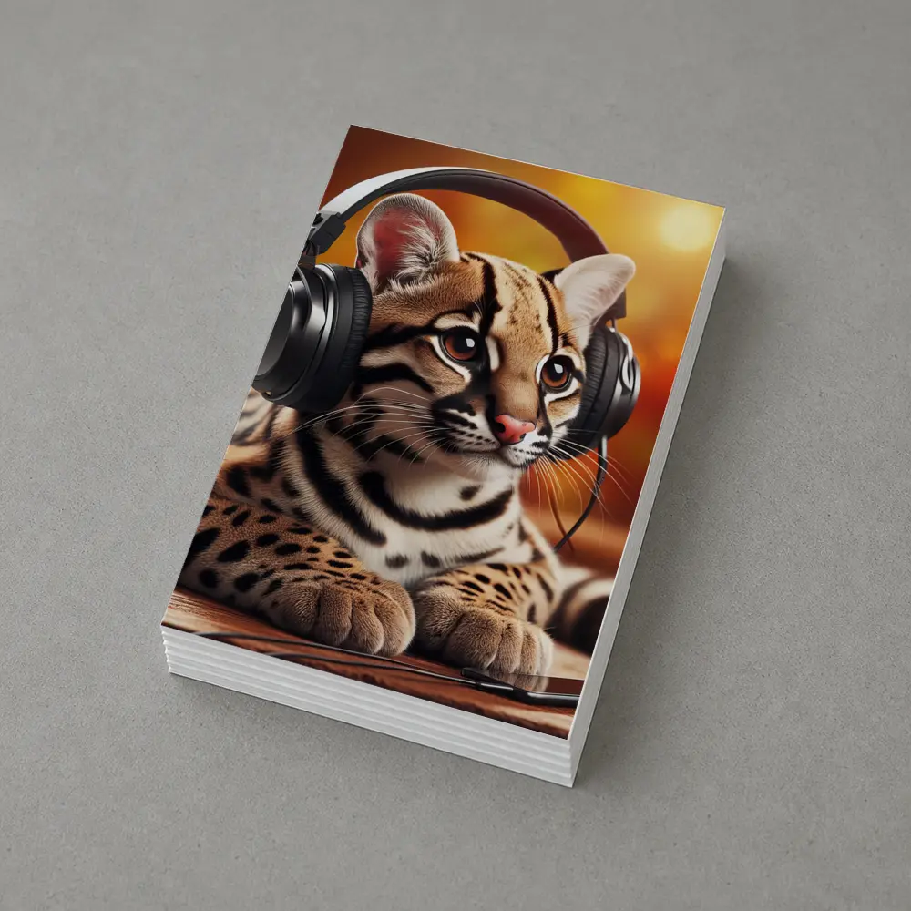 Baby Ocelot Wearing Headphones Warm Bokeh – Postcards