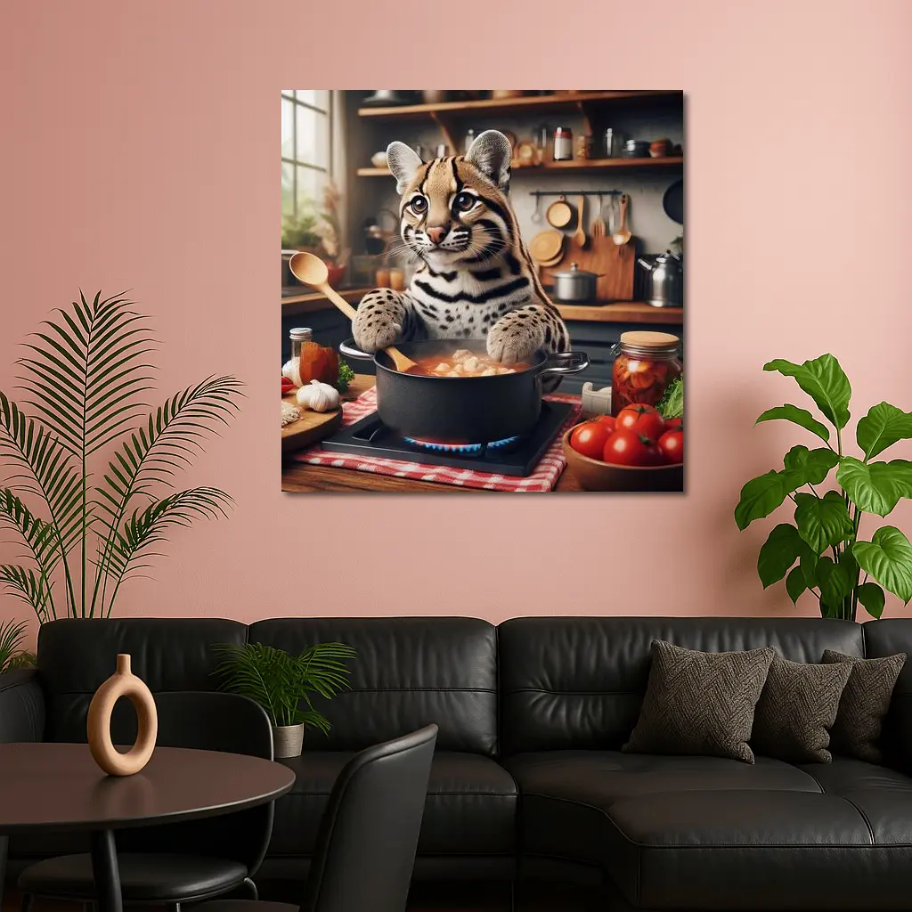 Ocelot Chef Cooking in Cozy Kitchen – Wall Art