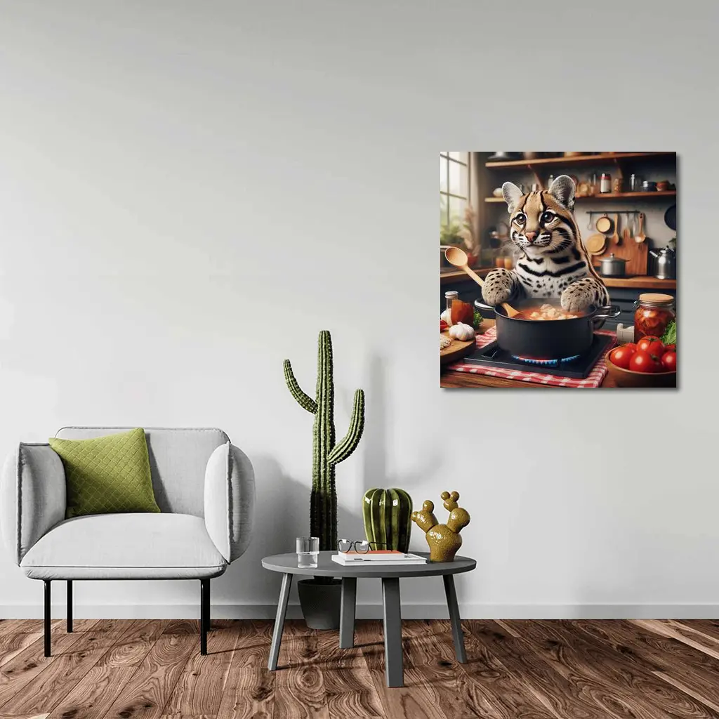 Ocelot Chef Cooking in Cozy Kitchen – Wall Art