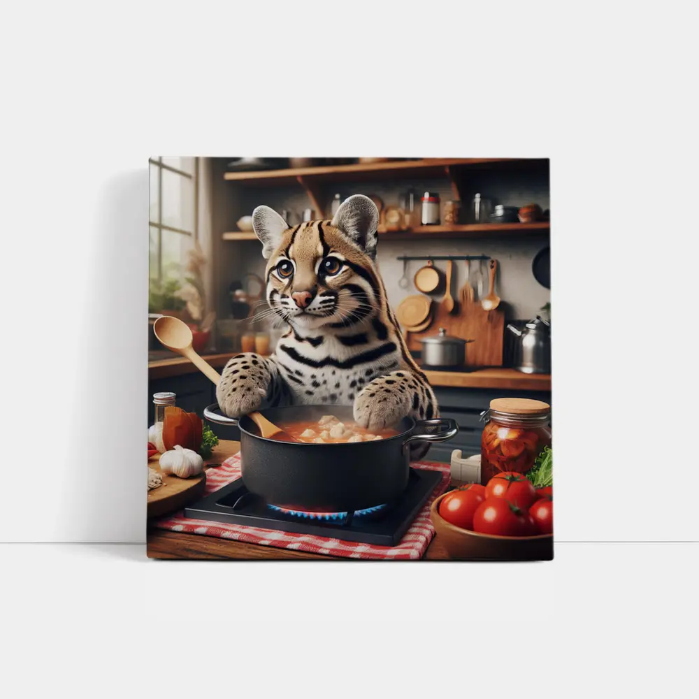 Ocelot Chef Cooking in Cozy Kitchen – Wall Art