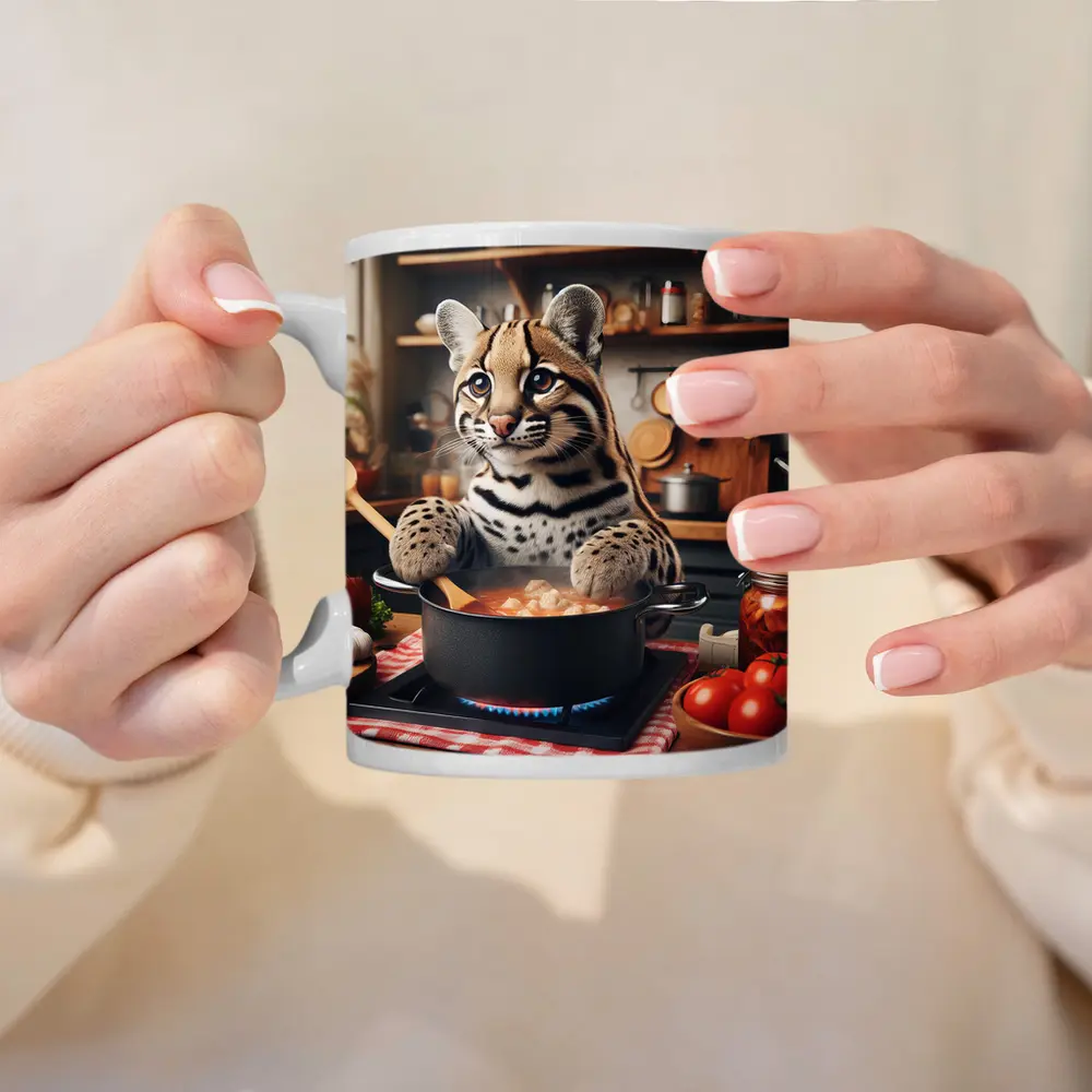 Ocelot Chef Cooking in Cozy Kitchen – Mugs