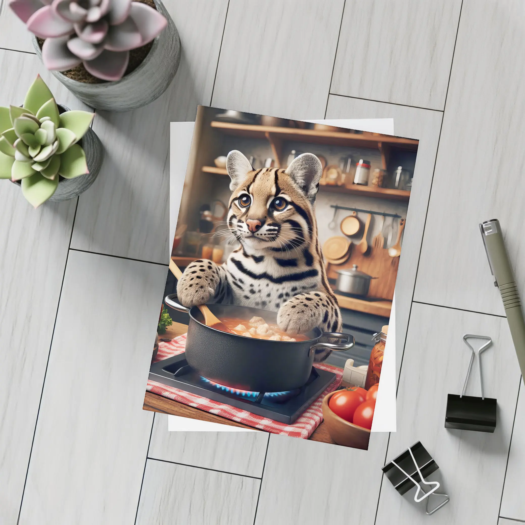 Ocelot Chef Cooking in Cozy Kitchen – Postcards