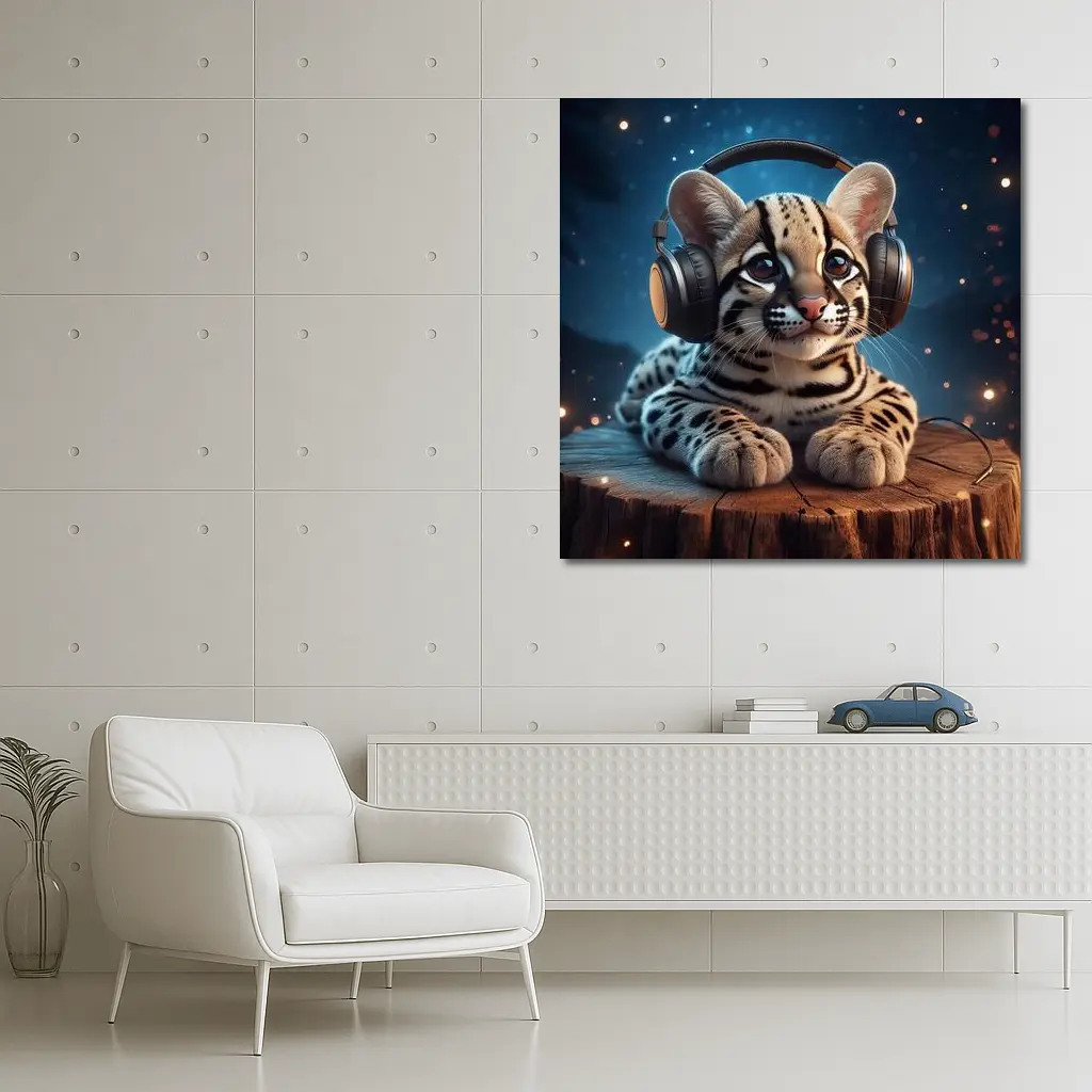 Baby Ocelot With Headphones Starry Night – Wall Art