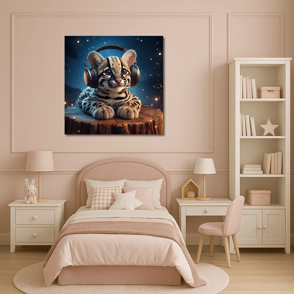 Baby Ocelot With Headphones Starry Night – Wall Art