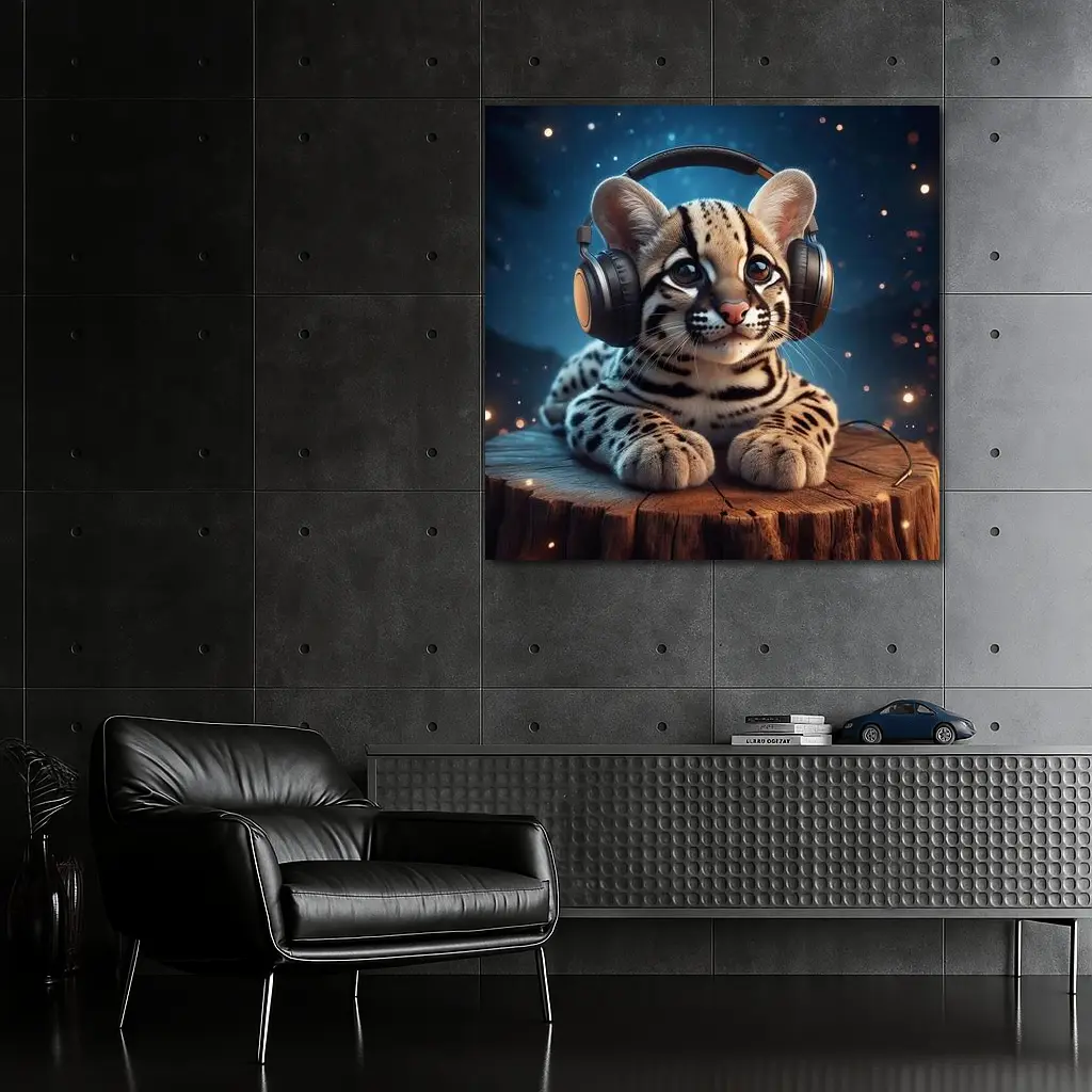 Baby Ocelot With Headphones Starry Night – Wall Art