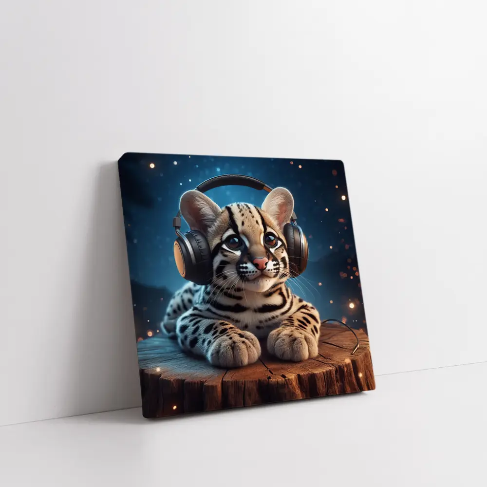 Baby Ocelot With Headphones Starry Night – Wall Art