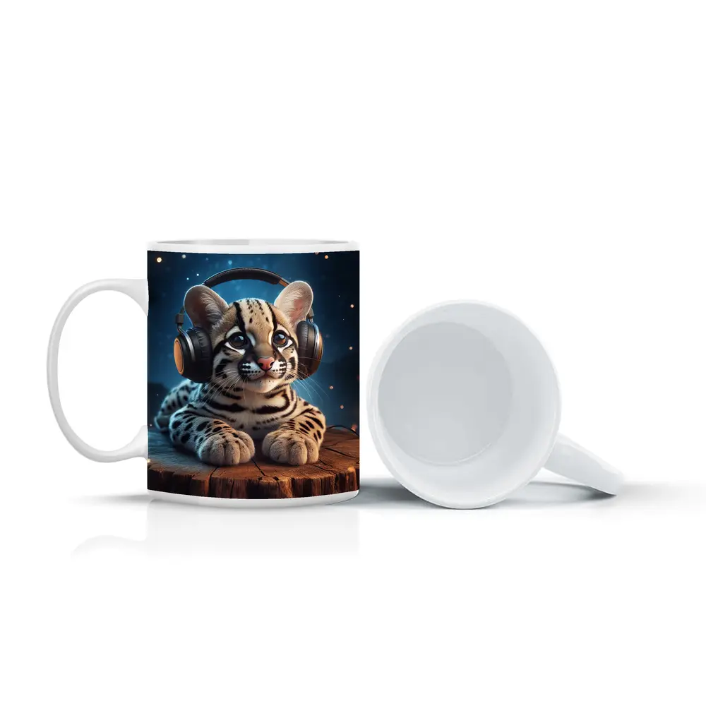 Baby Ocelot With Headphones Starry Night – Mugs