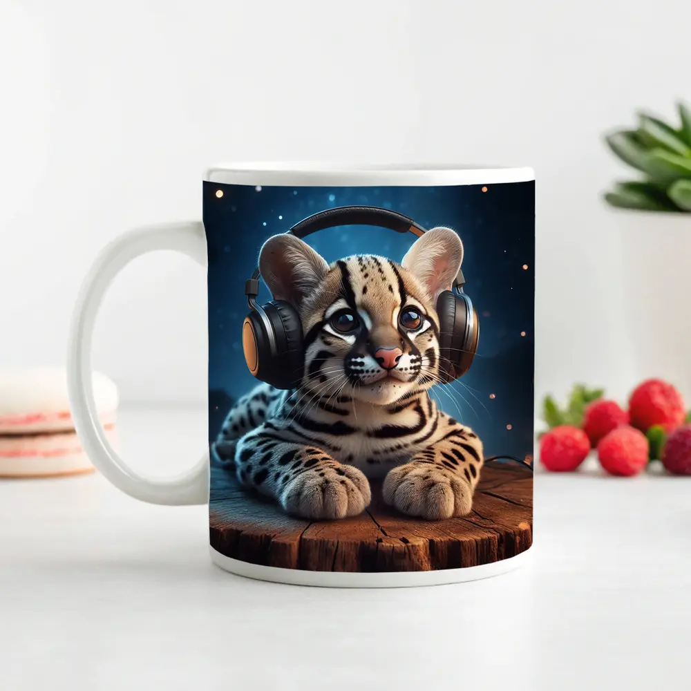 Baby Ocelot With Headphones Starry Night – Mugs