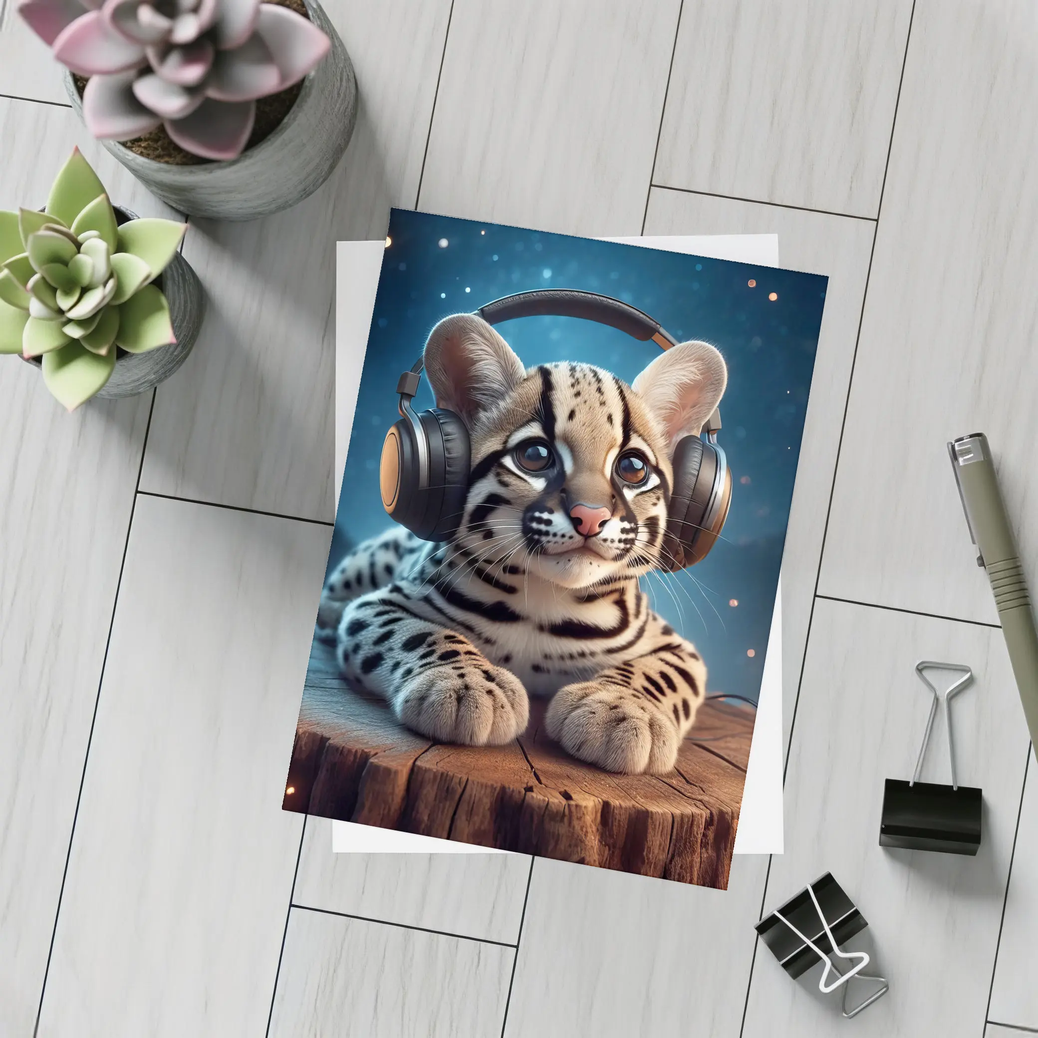 Baby Ocelot With Headphones Starry Night – Postcards