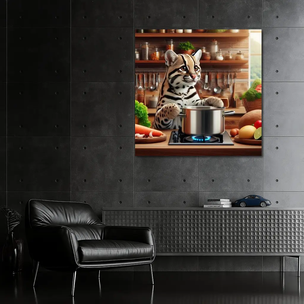 Ocelot Cooking in Rustic Kitchen Scene – Wall Art