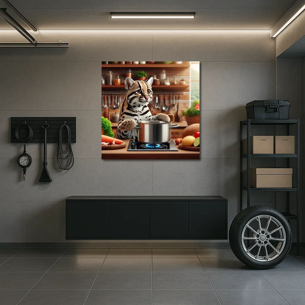 Ocelot Cooking in Rustic Kitchen Scene – Wall Art