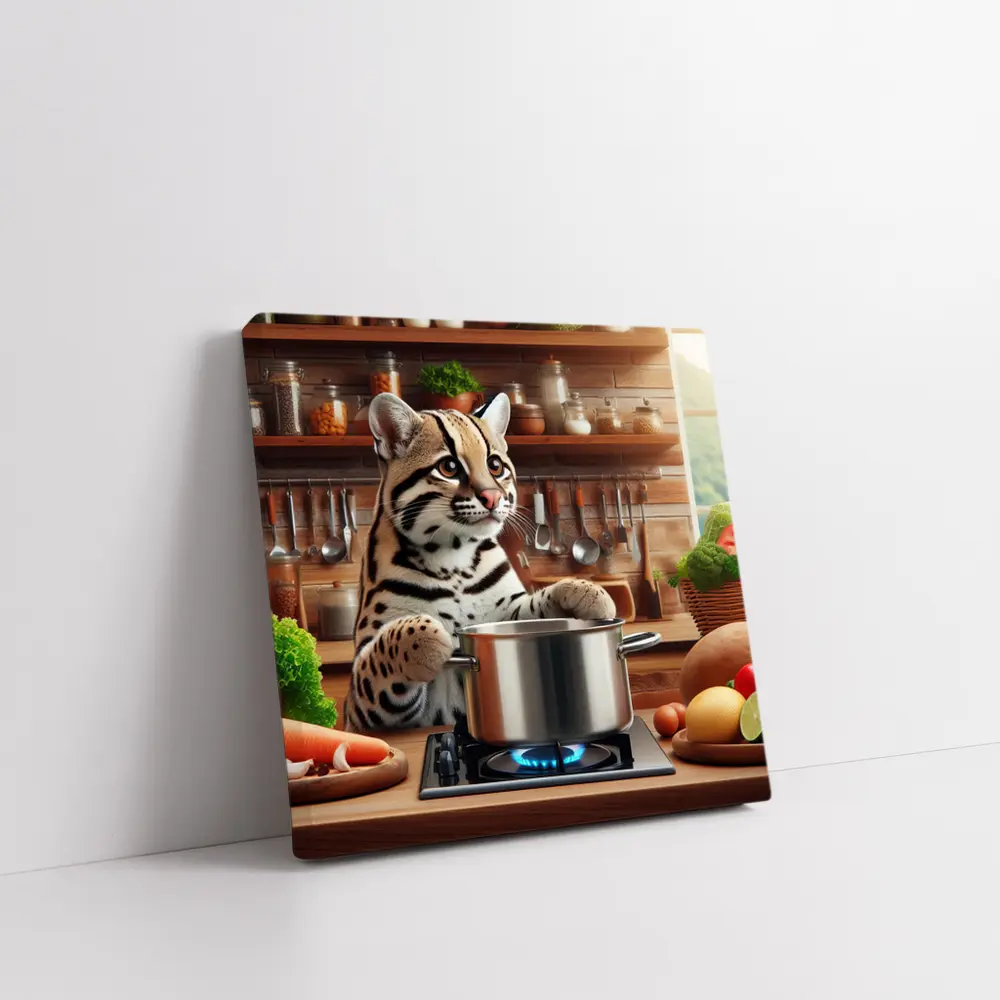 Ocelot Cooking in Rustic Kitchen Scene – Wall Art